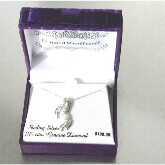 NEW 1/10ct DIAMOND .925 Silver HORSE PENDANT NECKLACE 18" Sterling Silver Chain - Picture 2 of 6